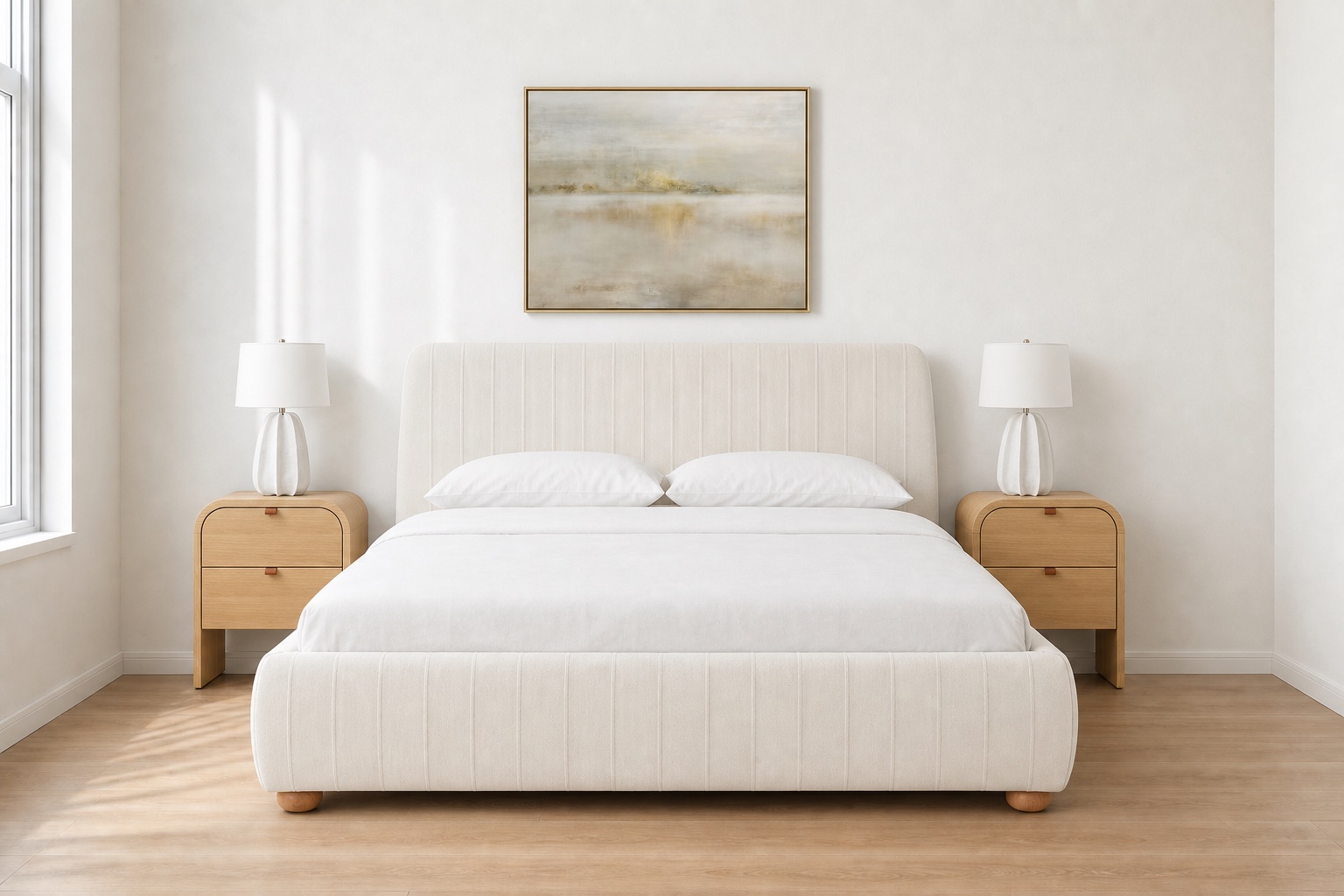 A staged bedroom with an upholstered platform bed, nightstand, lamp, and framed art