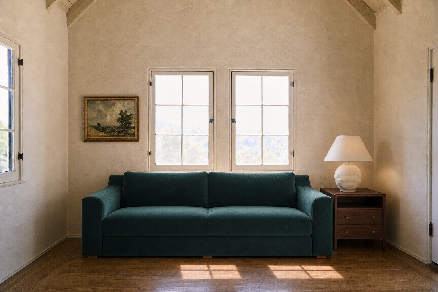 A staged empty living room with a sofa, coffee table, rug, and floor lamp